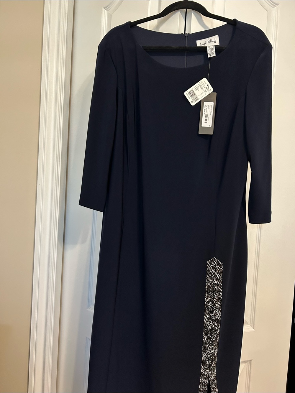 Joseph Ribkoff Navy Long-Sleeve Sheath Dress with Crystal Column Detail